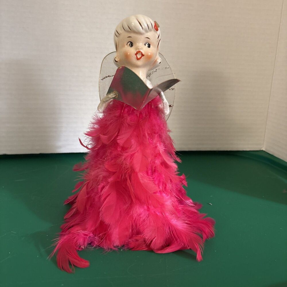 VTG Holt Howard HH Japan  Porcelain Head Pink Feather Angel Caroler Holding Book